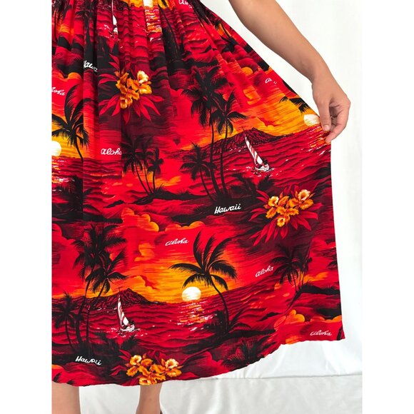 90s vintage red Hawaiian print beach vacation stretchy rayon cover up maxi dress - Picture 8 of 10